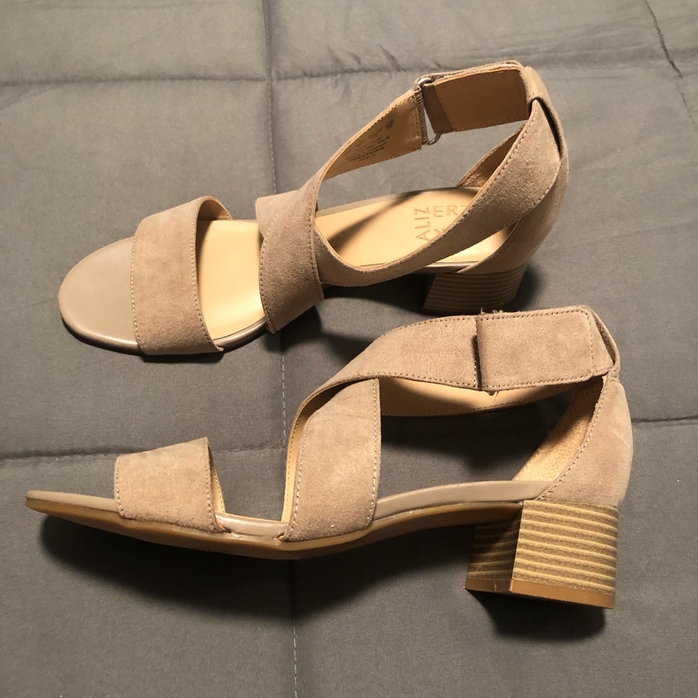 Tan low heel sandals
